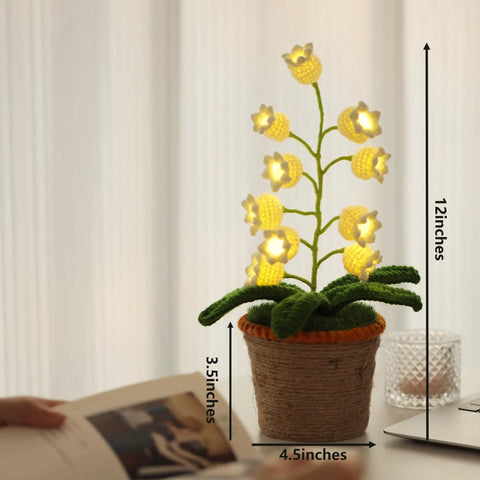 Crochet Lily of the Valley Lamp, Handmade Cordless Night Light with Touch Control, 6 Colors Warm LED Table Lamp, shown lit on table