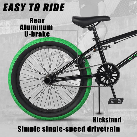 Freestyle BMX Bike For Kids 20 Inch Beginner Friendly Bicycle For Ages 7 To 13 With Durable Hi Ten Steel Frame Black With Green Tires