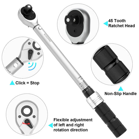 Three Eighths Inch Drive Click Torque Wrench Set Garage Ready Dual Direction Adjustable Torque Five To Forty Five Foot Pounds And Six To Sixty One Newton Meters Includes Spark Plug Socket Extension Bar And Universal Joint For Bike And Car