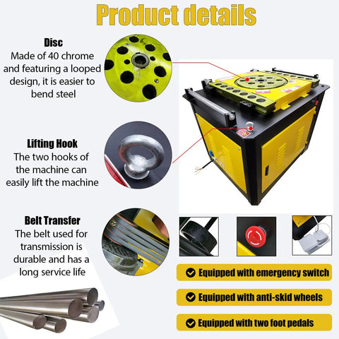 Product details of Heavy Duty Electric Rebar Bender With Zero To One Eighty Degree Adjustable Pivot And Rock Solid Cast Iron Frame.