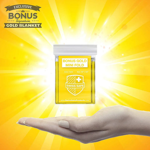 Gold Mylar blanket package labeled 'Bonus Gold Mini Fold' held in a hand against a bright yellow background.