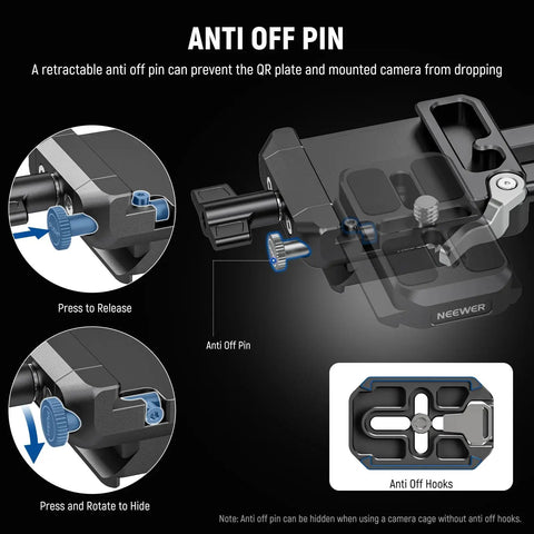 Close-up of foldable V mount battery plate showing anti-off pin mechanism and Arca type quick release baseplate for DSLR video rig.