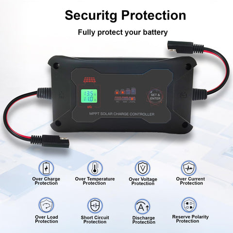 Portable 20 Amp MPPT Solar Charge Controller For 12V And 24V Systems With LCD Display and connectors, secure battery use