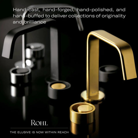 Modern faucet design with hand-polished brass and black finishes shown for Rohl's premium collection.