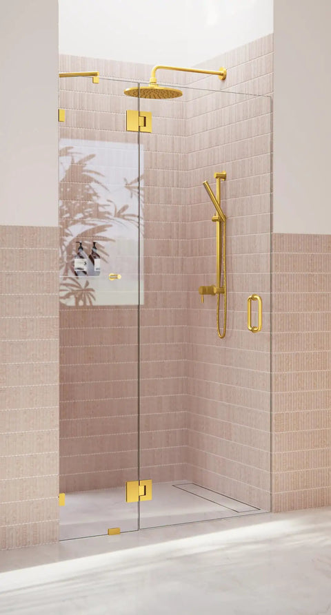 Frameless Shower Door Hinge With EnduroShield Glass Coating, Polished Brass Finish, 78 In By 43.75 In, Heavy-Duty Glass Enclosure Hardware for a Sleek, Leak-Free Shower, brass hinge on glass door
