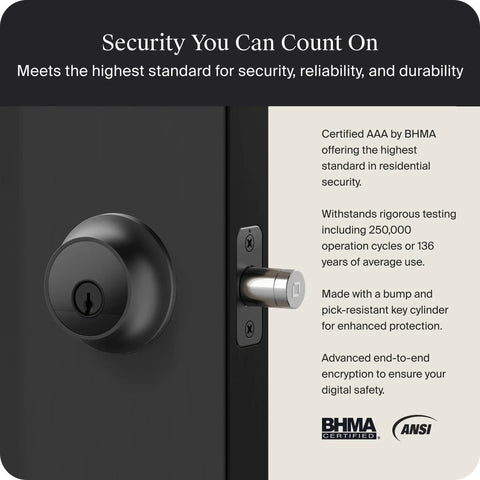 Close-up of the Rock Solid Smart Deadbolt With A Fully Hidden Build Flaunting A Sleek Matte Black Finish showing secure knob and bolt.