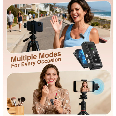 Women using Wireless Lavalier Microphone For iPhone Android Tablets Lightning And USB C Mini Clip On Lapel Mic outdoors and indoors