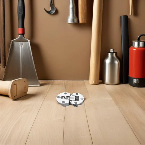 Concealed Cabinet Door Hinges 4-Pack, Zinc Alloy Flush-Mounted Drop-Down Hinges With 90 Degree Flip, placed on wooden surface