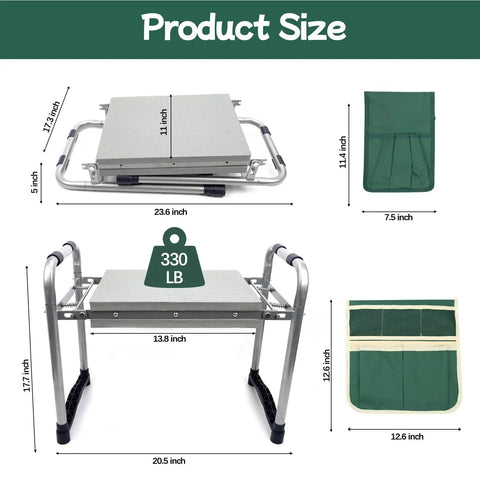 Heavy Duty Garden Kneeler And Seat With 11.5 Inch Wide Pad showing size dimensions and tool bags, foldable stool for gardening.