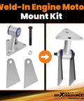 Weld-In Engine Motor Mount Kit with steel brackets, bolts, and a blue rubber isolator, designed for durable performance.