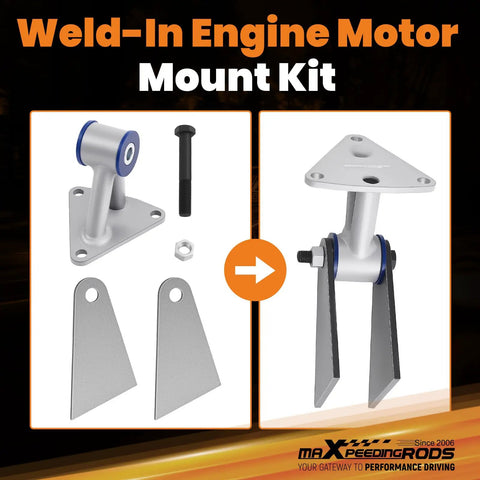 Weld-In Engine Motor Mount Kit with steel brackets, bolts, and a blue rubber isolator, designed for durable performance.