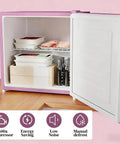Slick Compact Upright Freezer Featuring Adjustable Temperature Settings Removable Shelf Reversible Door For Tight Kitchens Hella Tough Steel Frame With Fun Ice Cube Making Gear For Busy Households with open door showing organized shelves.