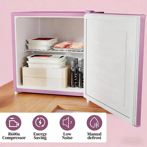 Slick Compact Upright Freezer Featuring Adjustable Temperature Settings Removable Shelf Reversible Door For Tight Kitchens Hella Tough Steel Frame With Fun Ice Cube Making Gear For Busy Households with open door showing organized shelves.