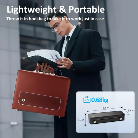 Man holding briefcase with Inkless Portable Printer For Travel, Wireless Bluetooth Thermal Printer, 8.5x11 inch paper size