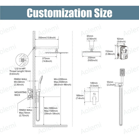 Dimensions guide for 10 Inch Matte Black Rainfall Shower System With ABS Handheld 3 Functions All Metal Brass Construction Includes Rough In Valve And Trim Wall Mount Shower Mixer Faucet For Luxury Bathroom Renovation.