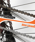 Before and after cleaning comparison using Soak Action Bike Chain Cleaner That Delivers Deep Clean In Minutes, showing visible chain results.