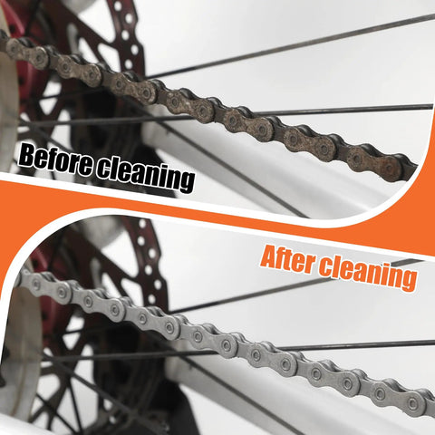 Before and after cleaning comparison using Soak Action Bike Chain Cleaner That Delivers Deep Clean In Minutes, showing visible chain results.