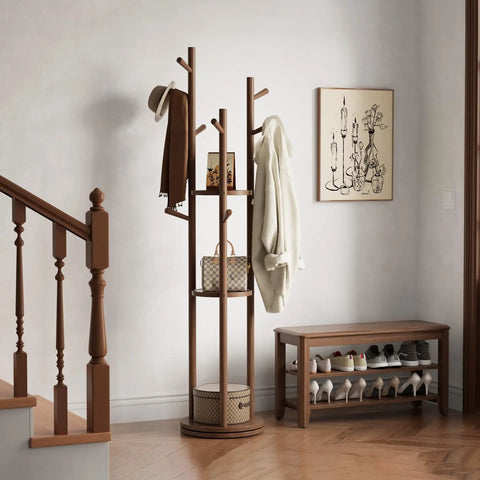 Solid Wood Rotary Coat Rack with 3 Shelves and 9 Hooks in walnut finish in entryway next to bench and stairs