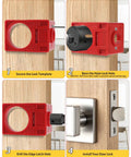 Shop Tough All In One Door Hinge Jig And Router Template Kit demonstrating lock template alignment and drilling procedure.