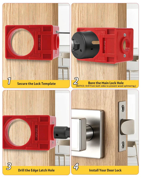 Shop Tough All In One Door Hinge Jig And Router Template Kit demonstrating lock template alignment and drilling procedure.