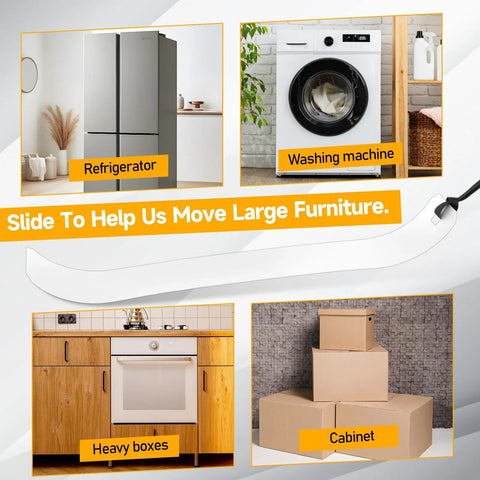 Two Pack Appliance Sliders With Pull Strap For Refrigerators And Heavy Duty Furniture Glide No Tools Needed Foldable Plastic Glide Blocks For Hardwood And Tile Floors Easy Glide On Every Move 8 x 48 Inch Size Black Pull Cord Included, shown moving various appliances and furniture.