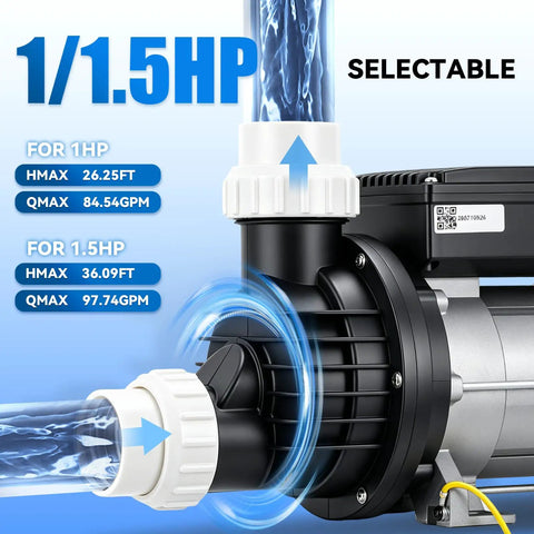 Top Shelf 1.5Hp Hot Tub Spa Pump Equipped With Strong 110V Copper Motor showcasing selectable 1/1.5HP with smooth water flow.