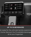 Zero Stress Super Automatic Espresso Machine With Integrated Milk Frother For Silky Latte Creations featuring control panel with drink options.