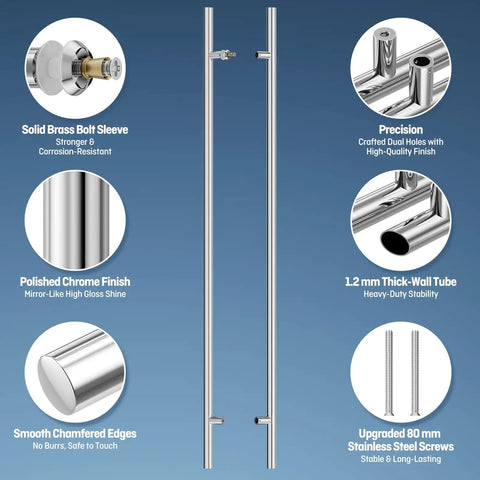 60 Inch Push Pull Door Handle Made From 304 Stainless Steel With Polished Chrome Finish, Heavy Duty Back To Back Door Pull For Glass Or Wood Doors, 1.5 Inch Diameter Tube, Easy Install, chrome tube with brass sleeve and screws