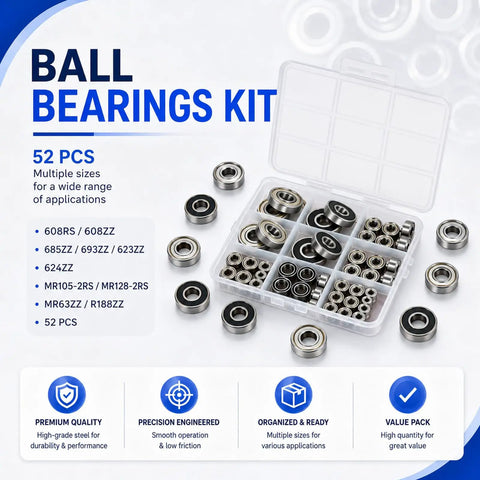 52 Piece Miniature Deep Groove Ball Bearing Kit With 10 Size Range Includes 608ZZ 608RS R188ZZ 624ZZ 693ZZ 685ZZ 623ZZ MR105RS MR128RS MR63RS Low Friction Precision Bearings For 3D Printers Skateboards Robotics And DIY Projects kit displayed in open case