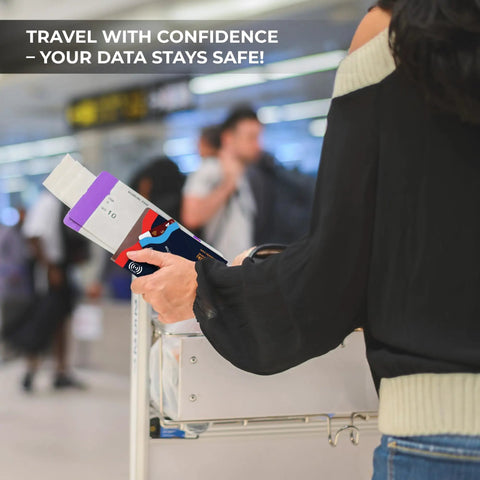 Person holding Travel RFID Blocking Card Sleeves Set Of 12 With Color Coded Envelopes at airport check-in