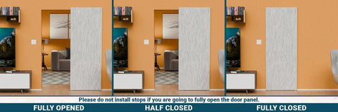 Soft Close Concealed Door Hardware Kit With Hidden Sliding Track For 31 To 43 Inch Doors installed, showing fully opened to fully closed views.