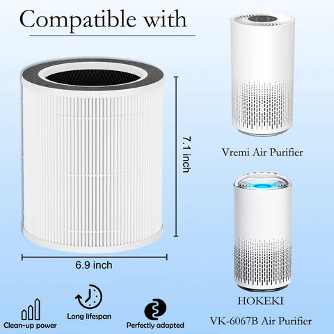 Replacement Filter For Vremi And Hokeki VK-6067B Air Purifiers in front of compatible air purifiers with dimensions