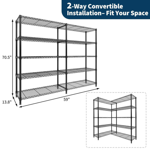 Five Tier Heavy Duty Metal Storage Shelves 60 Inch Wide Wire Shelving Unit Built To Last Holds A Beefy 1325 Lbs Total Load 265 Lbs Per Shelf Corner L Shaped Standing Rack For Garage Kitchen Pantry Basement 13.8 Inch Deep 70.5 Inch High, 2-way layout