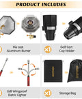 Portable Golf Cart Heater With Cup Holder And Control Valve, 6200 BTU Outdoor Propane Heater components and accessories displayed.