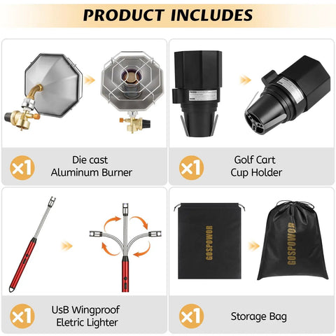 Portable Golf Cart Heater With Cup Holder And Control Valve, 6200 BTU Outdoor Propane Heater components and accessories displayed.