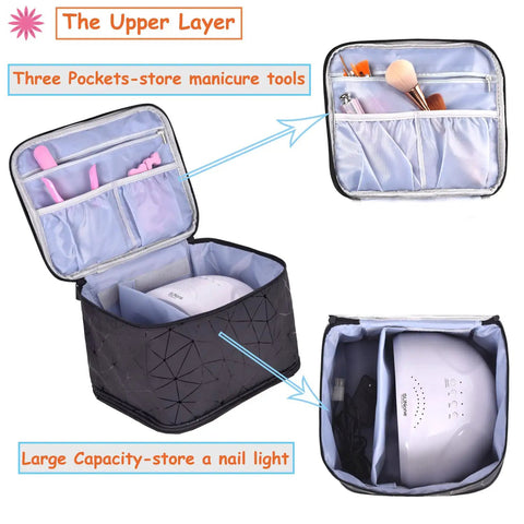 Open PU Leather Nail Polish Organizer Case With Built In Nail Lamp Holds 30 Plus Bottles And Mani Tools, showing compartments and tools.