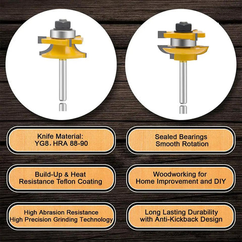 Two router bits from Three Piece Router Bit Set With One Quarter Inch Shank For Ogee Rail And Stile Cabinet Doors Round Over And Raised Panel Profiles