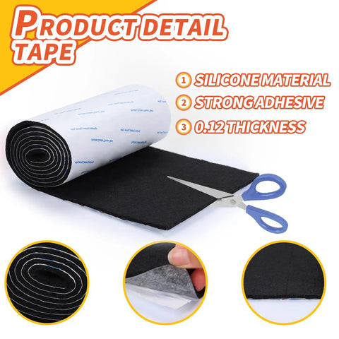 Heavy Duty Self Adhesive Felt Strips 40 X 5 Inch Roll showcasing black felt tape with scissors and adhesive backing.