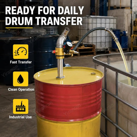 Pneumatic Drum Pump For Quick Oil Transfer Stainless Steel 304 Construction With High Flow 130 Liters Per Minute Pressure Gauge And Safety Valve SUS304 Tubing Air Operated Drum Transfer Pump For Easy Drums on industrial oil drum