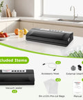 Powerful Vacuum Sealer For Food With Automatic Mode in black silver on a kitchen counter, includes 5 vacuum bags and accessories