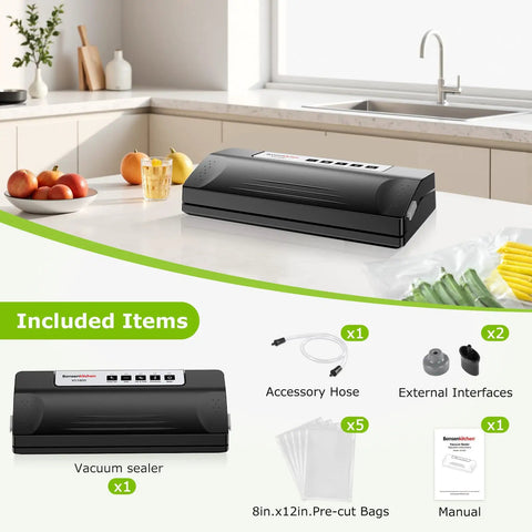 Powerful Vacuum Sealer For Food With Automatic Mode in black silver on a kitchen counter, includes 5 vacuum bags and accessories