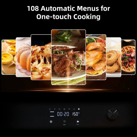 Display panel of Built-In 24-Inch Electric Wall Oven With 2.5 Cu Ft Convection, showcasing 108 automatic cooking menus.