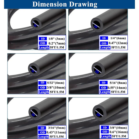 Dimension drawing of Silicone Vacuum Hose Kit For Cars With 6 Size 5 Ft Hoses showing ID and OD measurements in inches and mm