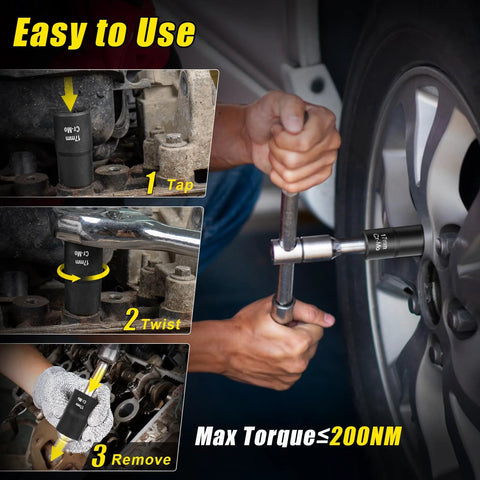 17mm Lug Nut Remover For Stripped Bolts And Rounded Nuts Wheel Lock Removal Kit in use showing three-step process on car wheel
