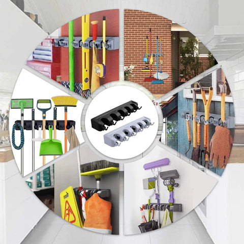 Heavy Duty Mop And Broom Holder Wall Mount Tool Organizer For Home Garden Garage Storage with five positions and six hooks