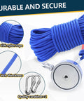 Heavy-Duty Double-Side Magnetic Fishing Kit With 2200 Lb Pull Power, 66 Ft Rope, 3.85 Inch Magnet, Accessories For Treasure Hunting And Underwater Cleanup Plus Gloves, Grappling Hook, And Mesh Bag featuring blue rope and metal carabiners.