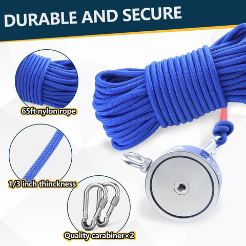 Heavy-Duty Double-Side Magnetic Fishing Kit With 2200 Lb Pull Power, 66 Ft Rope, 3.85 Inch Magnet, Accessories For Treasure Hunting And Underwater Cleanup Plus Gloves, Grappling Hook, And Mesh Bag featuring blue rope and metal carabiners.