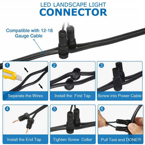 Installation steps of connectors from the Low Voltage Landscape Lights 12W LED Outdoor Path Garden Lighting Kit 16 Pack