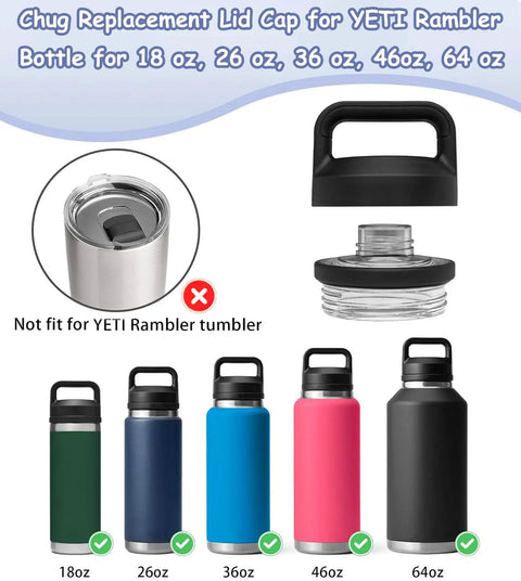 Chug Cap Lid Replacement For Rambler Water Bottle 18 Oz 26 Oz 36 Oz 64 Oz Screw Top Fits Rambler Models shown with bottles