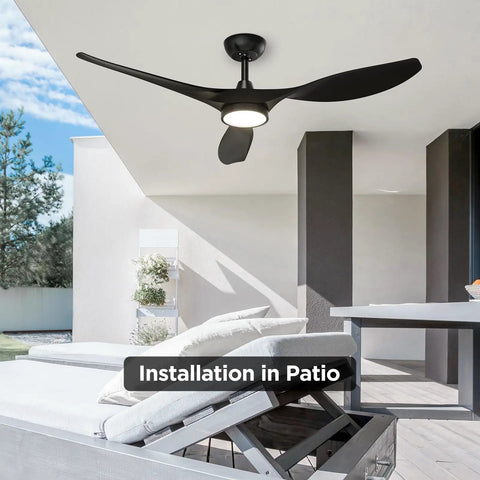 Outdoor patio with 52 Inch Black Ceiling Fan With Lights Remote Control Whisper Quiet DC Motor Reversible Six Speeds Timers mounted.